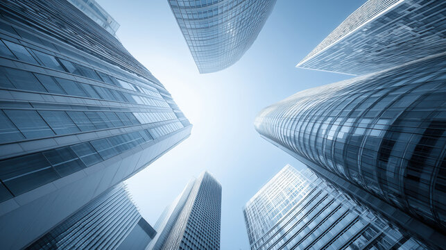 Modern corporate skyscrapers rise into a clear sky from an elevated perspective, showcasing a clean and professional architectural design in a symmetrical layout