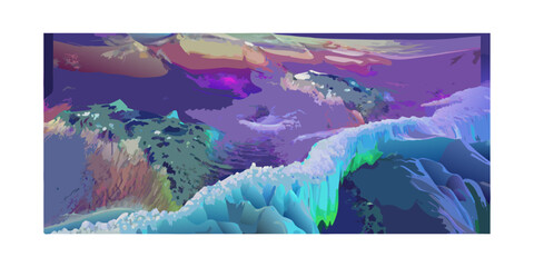 Capture a mesmerizing aerial view of a dreamlike landscape, blending vibrant colors with a touch of mystery, engulfed in a surreal atmosphere Utilize digital rendering techniques to emphasize the.