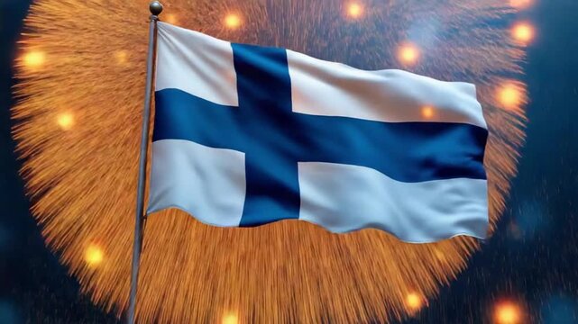 Finnish flag waves proudly against vibrant fireworks display, perfect for celebrating national holidays or showcasing Finnish pride and heritage