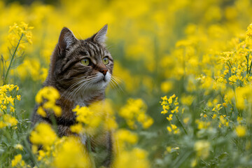 a cat sitting in a field of yellow flowers