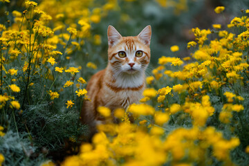 a cat sitting in a field of yellow flowers