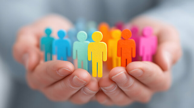 Businessman holding diverse figures to represent teamwork and supportive human resources