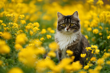 a cat sitting in a field of yellow flowers