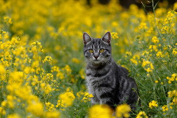 a cat sitting in a field of yellow flowers