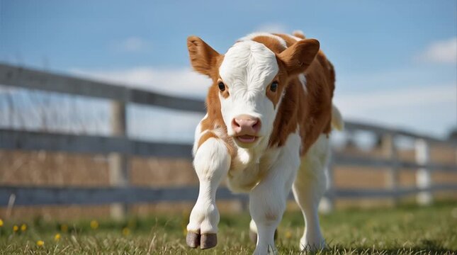 Cute brown and white calf running towards camera in field