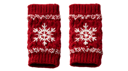 Knitted red fingerless gloves with snowflakes isolated on white background