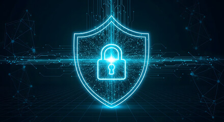Cybersecurity shield icon with a lock symbol in the center.