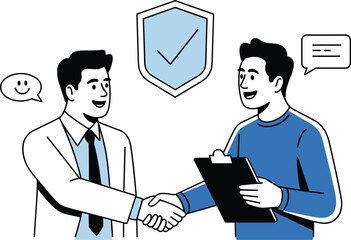 Secure Business Deal Concluded with a Handshake Vector Illustration, Symbolizing Trust, Partnership, and Guaranteed Protection under a Shield with a Checkmark Icon.