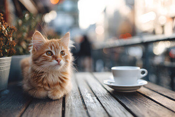 a cat sitting on a table next to a cup of coffee