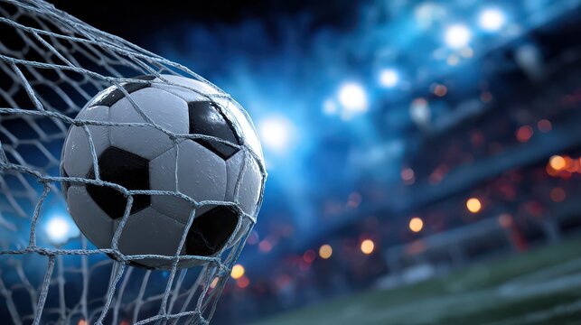 Soccer Ball in Net Under Blue Lights with Stadium Ambiance and Dynamic Composition Perfect for Sports Themed Visuals with Audience in Blurred Background