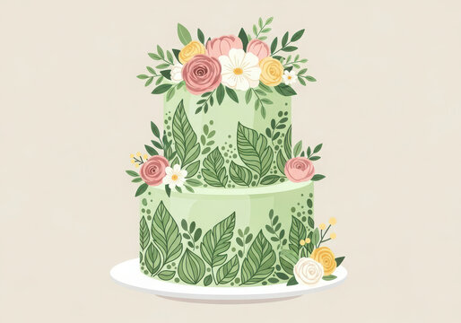 Graceful two-tier cake with green leaves and elegant flower arrangement