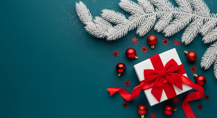 Flat lay of white gift box with red ribbon, white pine branch, red bauble on dark cyan background, representing holiday season, gifting and decoration