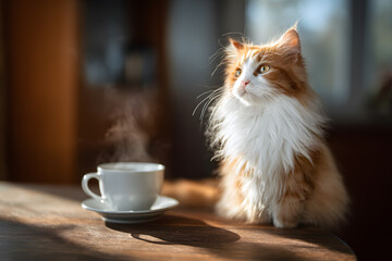 a cat sitting on a table next to a cup of coffee