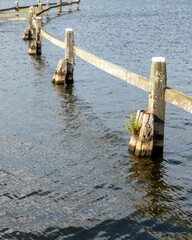 Fototapeta premium Wooden fence disappearing into the rippling water surface