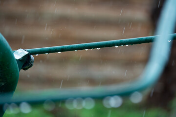 Green pipe with water droplets after rain