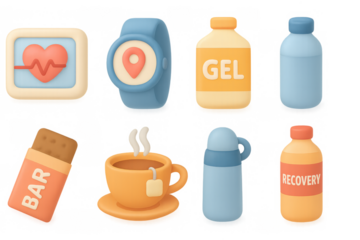 3d fitness and nutrition icons set: heart monitor, energy drinks, and supplements