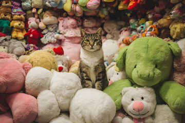 a cat sitting among a pile of stuffed animals