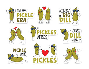 Funny Stickers with Cucumber Pickles in Sunglasses and humorous quotes. Cute stickers designs collection with funny pickle relish characters. Food vector illustration
