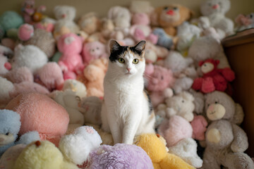 a cat sitting on top of a pile of stuffed animals
