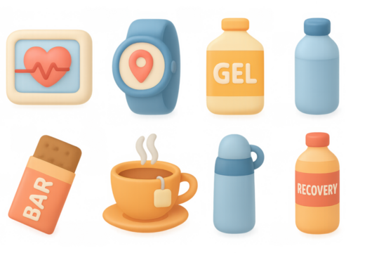 3d fitness and nutrition icons set: heart monitor, energy drinks, and supplements