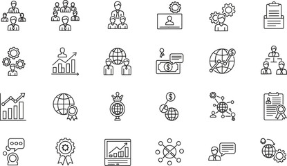 Business management and global strategy icons set in outline style