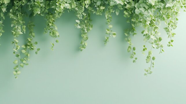 Green leaves hanging down wall softly creating natural vertical garden ambiance. - Powered by Adobe