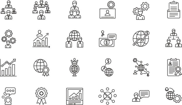 Business management and global strategy icons set in outline style