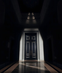 Luxurious dark door in elegant hallway, dramatic light and shadow