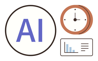 AI text in bold circle, wall clock, and bar chart representing technology, innovation, and analytics. Ideal for time management, AI development, digital transformation, progress tracking workflow