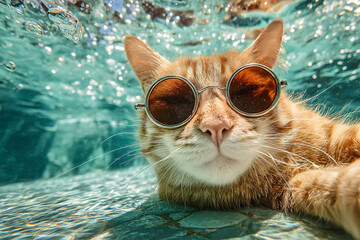 a cat wearing sunglasses swimming in a pool