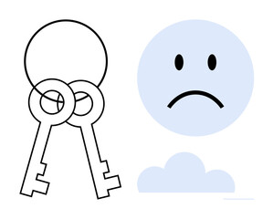 Security concept. A pair of keys, a sad face, and a cloud symbolize security challenges. Security breaches, emotional reactions, and cloud technology connection. For technology, emotions data