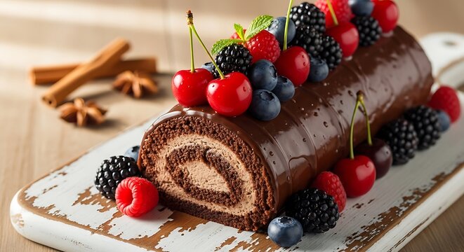 Chocolate Swiss Roll Cake with Fresh Mixed Berries - Powered by Adobe