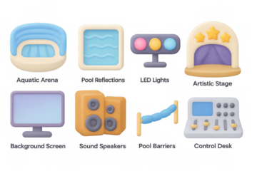 3d icons of aquatic arena and event elements: pools, lighting, speakers, screens, and controls