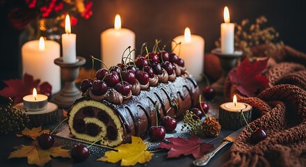 Autumn Black Forest Yule Log with Cherries and Candles