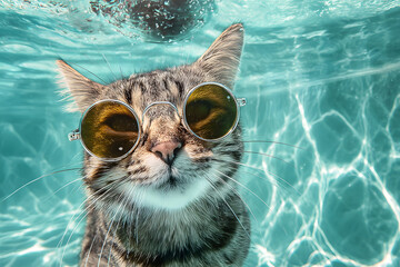 a cat wearing sunglasses in a pool