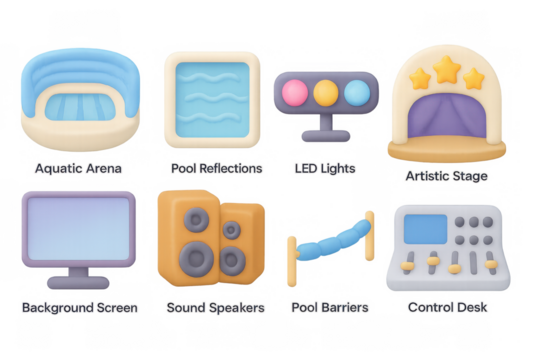 3d icons of aquatic arena and event elements: pools, lighting, speakers, screens, and controls