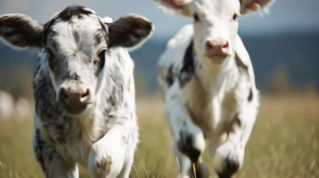 Two black and white spotted calves running in a grassy field