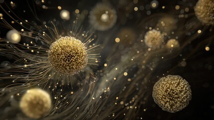 Abstract Digital Visualization of Spherical Golden Structures with Glowing Particles Against a Dark Background