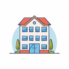 Illustration of a Three-Story Building with Trees in a Flat Design