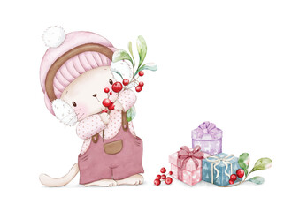 Watercolor Christmas Kitty with Gifts
