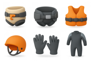 Colorful 3d outdoor adventure gear featuring helmets, gloves, and safety equipment