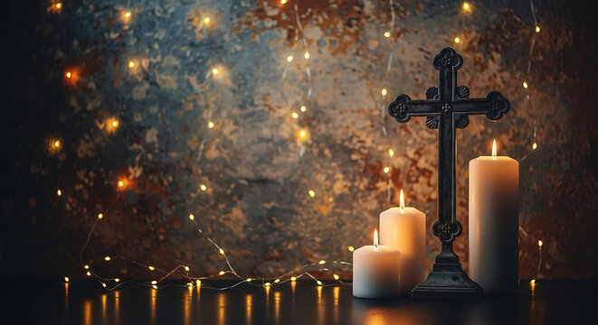 Christian cross and candles with bokeh lights for spiritual reflection