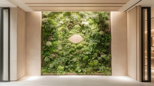 Lush vertical garden with diverse green plants and floral accents creates natural interior beauty