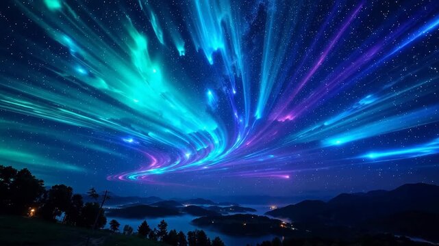 Starry sky with colorful aurora over landscape