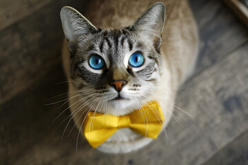 a cat with blue eyes wearing a yellow bow tie