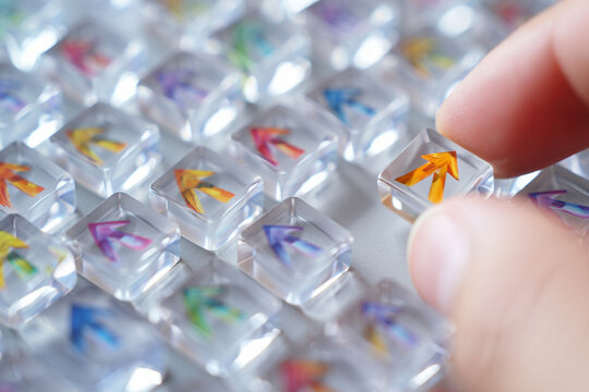 Finger Presses Clear Acrylic Button On Tabletop Background Business Technology Symbol Game Control Arrow Selection Button Interface