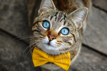 a cat with blue eyes wearing a yellow bow tie