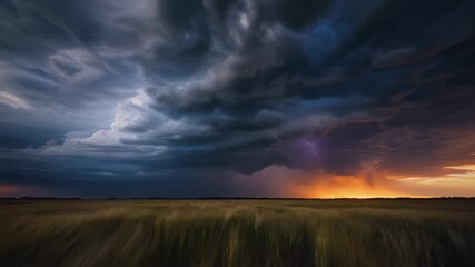 Dramatic lightning strike over golden wheat field at sunset storm sky epic natural phenomenon thunder