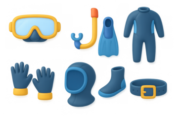 Diving gear collection: 3d style snorkel, mask, and suit essentials