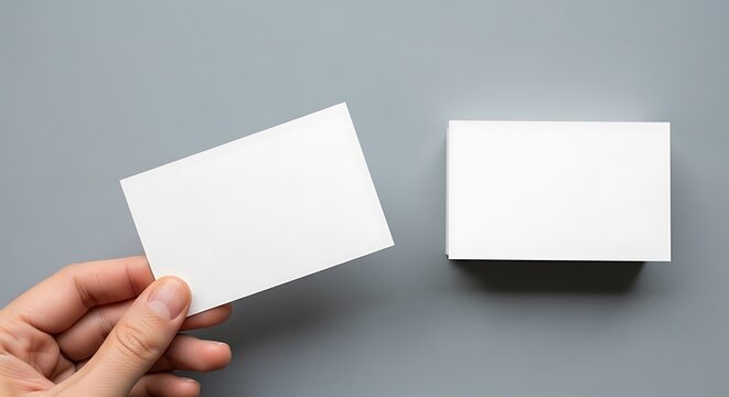 Hand holding a blank white business card, with a stack of empty cards on a grey background, ideal for branding, identity, and mockups